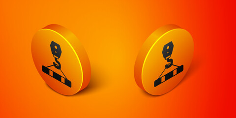 Isometric Crane hook icon isolated on orange background. Industrial hook icon. Orange circle button. Vector