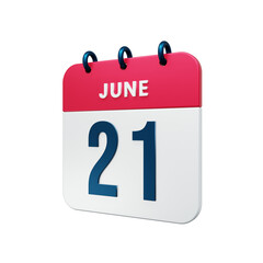 June Realistic Calendar Icon 3D Rendered Date June 21