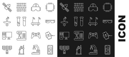 Set line Smartphone, mobile phone, Wireless charger, glasses, Virtual reality, Test tube and flask, UAV Drone, Satellite and Router wi-fi signal icon. Vector