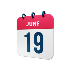 June Realistic Calendar Icon 3D Rendered Date June 19