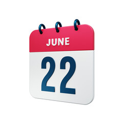 June Realistic Calendar Icon 3D Rendered Date June 22