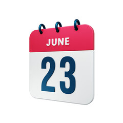 June Realistic Calendar Icon 3D Rendered Date June 23
