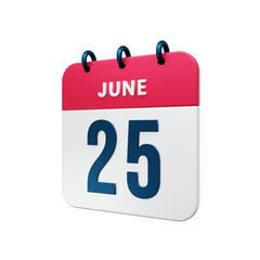 June Realistic Calendar Icon 3D Rendered Date June 25