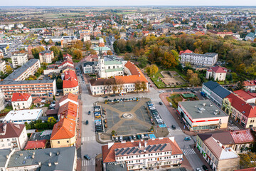 Wielun city center and city market aerial view