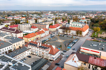 Wielun city center and city market aerial view