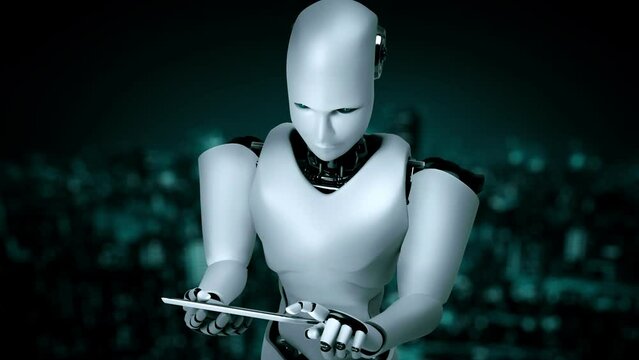 Futuristic robot artificial intelligence huminoid AI programming coding technology development and machine learning concept. Robotic bionic science research for future of human life. 3D rendering.