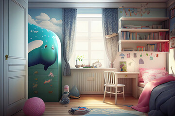 Dreamy White Kids' Room with Wall-Mounted Bookshelf
