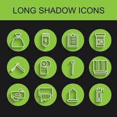 Set line Bar of soap, Paper towel dispenser on wall, Garbage bag, Condom, Bottle with nozzle spray, Toilet paper roll, Towel stack and Toothbrush icon. Vector