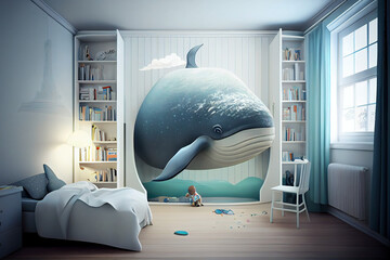 Whimsical White Kids' Room with Wall-Mounted Bookshelf Wall Mural


