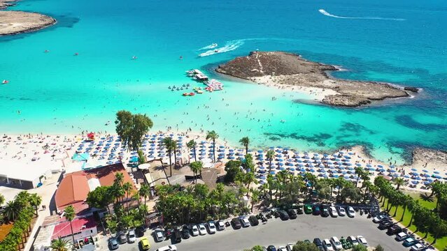 Nissi Island and Nissi beach in Ajia Napa resort in Cyprus, 4k footage