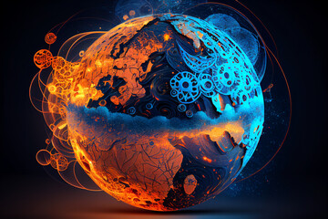 A Technology Glowing Orange and Blue Globe - A Generative AI Vision of the Future