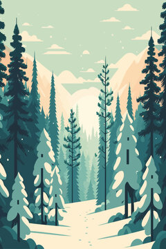 Winter landscape with coniferous forest and mountains. Vector illustration.