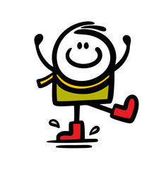 Funny little boy in rubber boots merrily splashing through spring puddles.