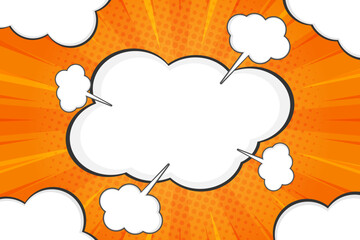 Orange comic speech bubble clouds background template with rays, vector illustration