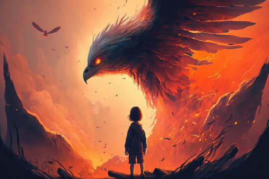 illustration painting of the child looking at the phoenix bird flying above him, digital art style. (ai generated)