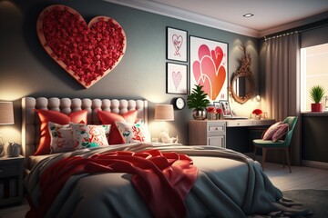 Double bedroom with valentine's day decor, Generative AI
