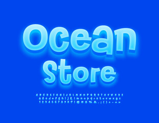 Vector glowing Emblem Ocean Store. Funny handwritten Font. Blue Illuminated Alphabet Letters and Numbers