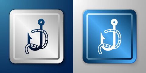 White Fishing hook and worm icon isolated on blue and grey background. Fishing tackle. Silver and blue square button. Vector