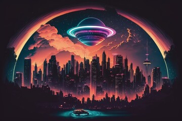 Flying saucer over city at night, background in neon colors, digital illustration, Generative AI