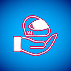 Fototapeta na wymiar White Racing helmet icon isolated on blue background. Extreme sport. Sport equipment. Vector