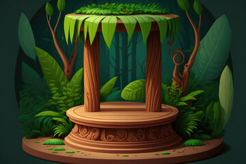 a round wooden pedestal with a green backdrop for displaying products amid a tropical forest. Generative AI