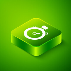 Isometric Stopwatch icon isolated on green background. Time timer sign. Chronometer sign. Green square button. Vector
