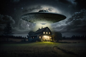 Flying saucer flying over farm at night, alien ship in farm, digital illustration, AI - obrazy, fototapety, plakaty