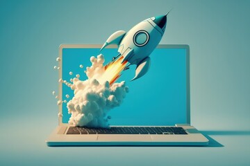 Rocket flying from notebook screen on bue background, startup concept, Generative AI	