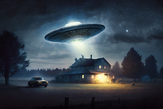 Flying saucer flying over farm at night, alien ship in farm, digital illustration, AI