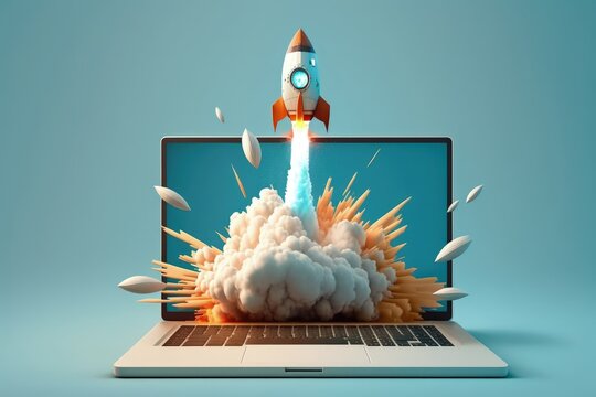 Rocket flying from notebook screen on bue background, startup concept, Generative AI	