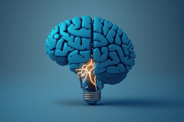 Light bulb brain, concept of ideas and creativity, blue background, digital illustration, AI
