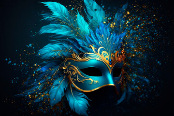 Blue carnival mask with gold accents and blue feathers, gold glitter powder, generative ai
