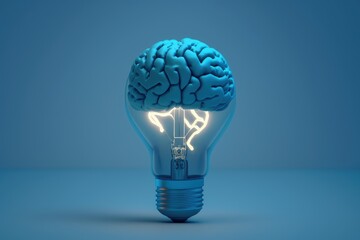 Light bulb brain, concept of ideas and creativity, blue background, digital illustration, AI
