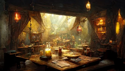 Fotobehang Fantasy tavern ready for quest planning, Generative AI © Jeffersneff