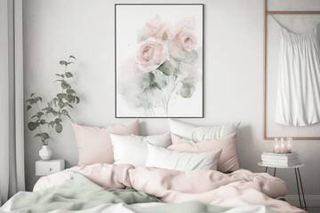 Scandinavian interior poster bedroom, soft colors apartment with rose floral poster, mockup, template, generative ai