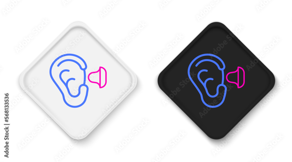 Sticker Line Earplugs and ear icon isolated on white background. Ear plug sign. Noise symbol. Sleeping quality concept. Colorful outline concept. Vector