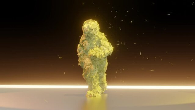 A man overall covered by ghillie suit running through animation on the sci-fi shiny ground as 3d modeling seamless looping movie, camouflage by hunters or military snipers.