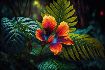 Naklejka premium Red and Yellow dahlia flower. generative AI