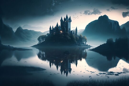 A mysterious castle in the middle of a lake at night