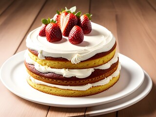 Delicious Chocolate Cake on Wooden Plate - Isolated on White