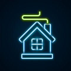 Glowing neon line Merry Christmas house icon isolated on black background. Home symbol. Colorful outline concept. Vector