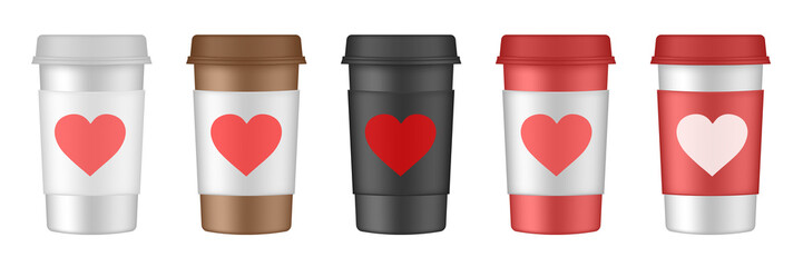 Valentine's day. Set of paper coffee cups with cupholders. Coffee to go. Take away. White paper cups, blank brown container with lid for latte, mocha or cappuccino drinks. Carton cup holder with heart