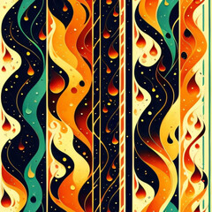 seamless texture with a painted striped pattern on a black background and yellow and orange stripes with a black center, depicting fire and water, abstraction, tiling