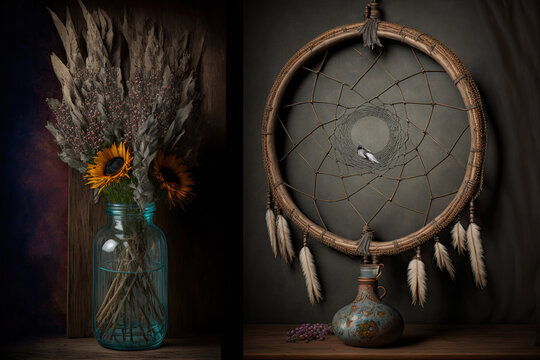 Two frames, a dreamcatcher, and a glass vase. Generative AI