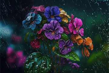 Plakat colorful bouquet of flowers in the rain. Generative AI