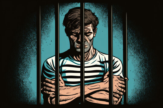 illustration of a prisoner in prison behind bars. Generative AI