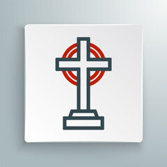 Fototapeta premium Line Tombstone with cross icon isolated on white background. Grave icon. Happy Halloween party. Colorful outline concept. Vector