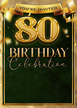 80th Birthday Celebration Flyer Design Emerald Green Gold Template