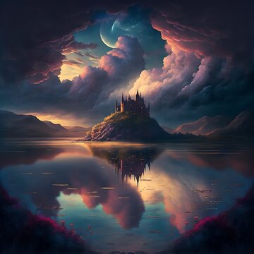 A castle with a lake at evening with beautiful moon light.