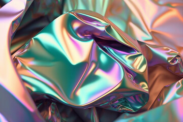 Fototapeta na wymiar Pastel colored holographic Crumpled iridescent foil real texture background. Generative ai